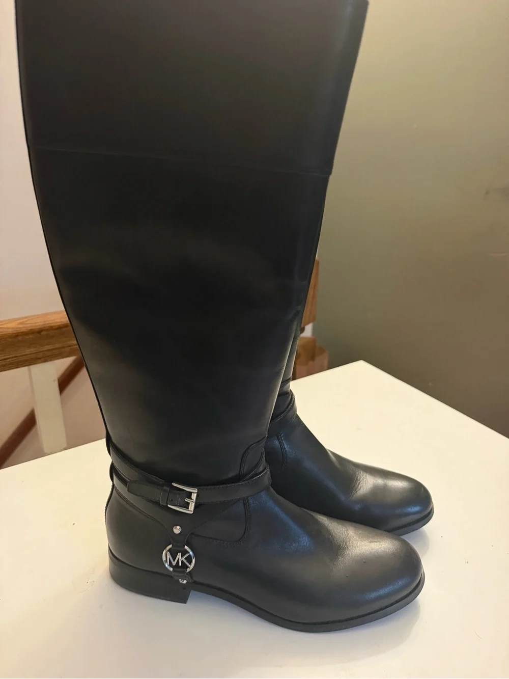Michael Kors Black Knee-High Leather Boots with MK Charm